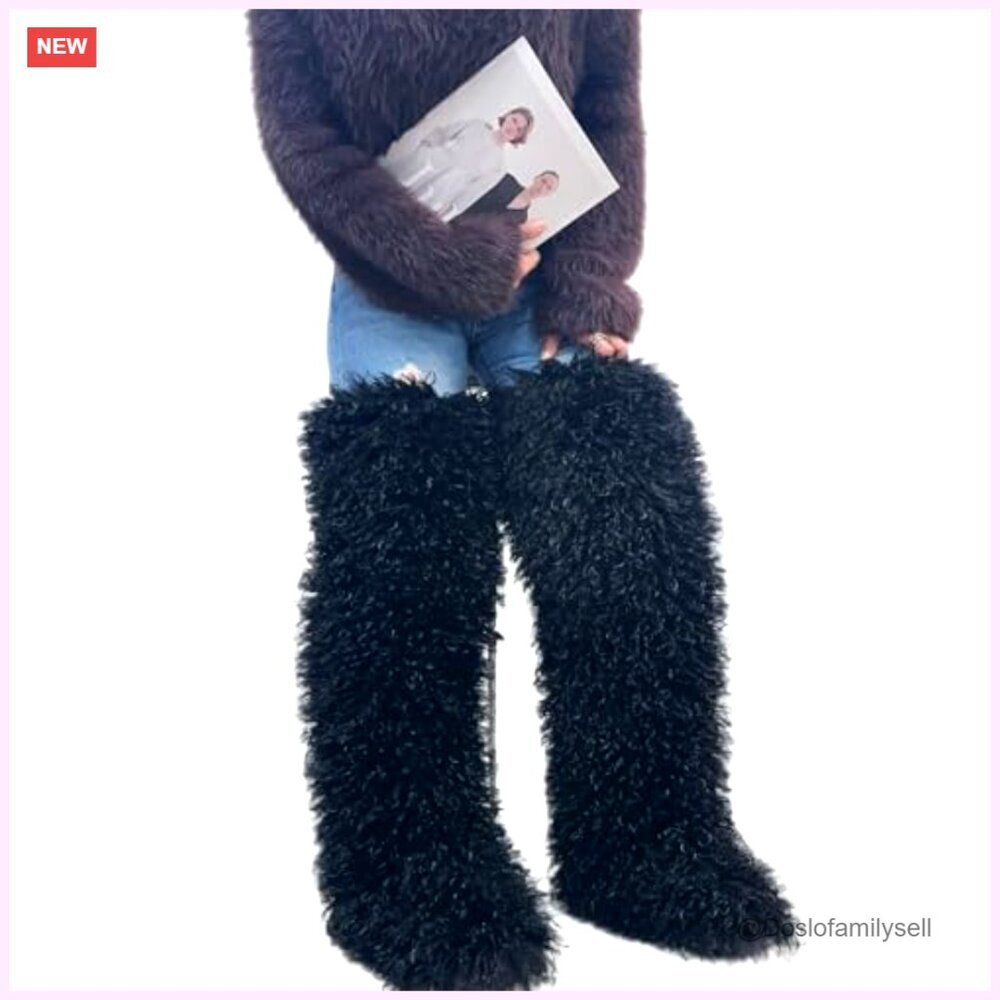 Thigh High Faux Fur Boots Over Knee Flat Sole Winter Women's Shoes